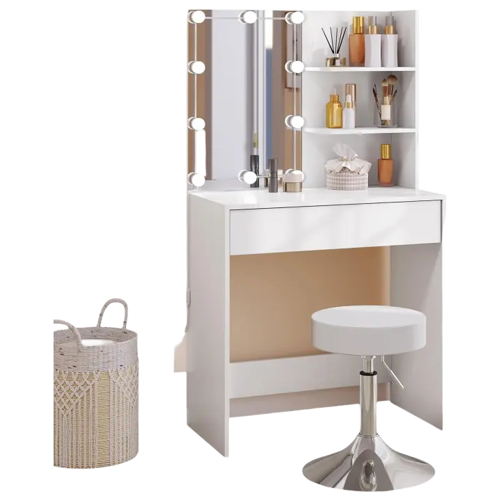 Tocador Moderno con Taburete Espejo y Luz, Mesa Tocador Grande con Cajón y 2 Estantes, Diseño Blanco, 75x40x136 cm - 1