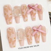 Uñas Postizas De Presión Hechas a Mano En Color Rosa Mate Con Patrón De Mariposa Y Lazo Diseño Coreano Dulce Para Mujeres Y Niñas - details 6
