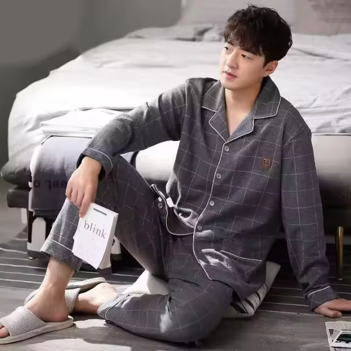 Pijama de algodón S, manga larga para otoño e invierno, modelos de ropa para el hogar de talla grande para hombre, ropa de dormir a cuadros, - 1
