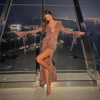 Vestido con volantes y estampado de leopardo para mujer, ropa ajustada de manga larga con cuello en V profundo, Sexy, a la moda - details 2