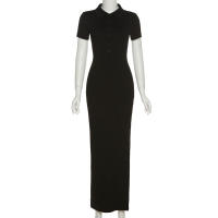 BUNO-Vestido largo de oficina para mujer, de manga corta con cuello vuelto traje elegante, abertura lateral y botón, moldeador de cuerpo, moda de calle - details 13