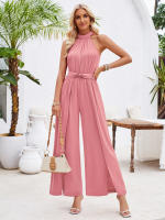 Mono pantalon mujer pierna ancha  Color puro Casual Sexy y elegante Collar COLGANTE Mono plisado - details 4