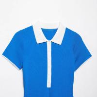 BUNO-Vestido estilo camisa de punto azul para mujer, cuello de solapa, manga corta, corte en A, minivestido con botones, vacaciones de verano - details 4