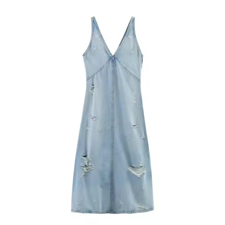 Vestido vaquero clásico de moda para mujer, estilo personalizado, con rotos y decoraciones. - 1