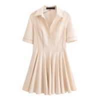 Elegante Vestido Plisado a Rayas para Mujer Minivestido de Manga Corta Beige Moda de Verano y Otoño - details 1