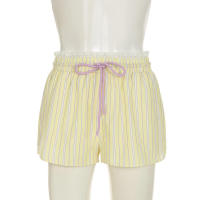 Pantalones cortos básicos cómodos e informales sueltos con botones de cintura elástica tejidos a rayas de verano para mujer - details 73