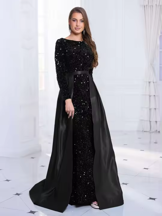 Vestido de Fiesta de Manga Larga y Brillante Cuello Redondo, Lentejuelas Elásticas, Alto hasta el Suelo Pañuelo de Moda para Mujeres con Negro y Verde Desmontable - 1