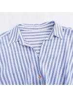 Camisa De Lino Mezclado Azul Con Rayas Estilo Académico Veraniego Para Mujer Casual Cuello En V Manga Tres Cuartos Ajuste Regular - details 3