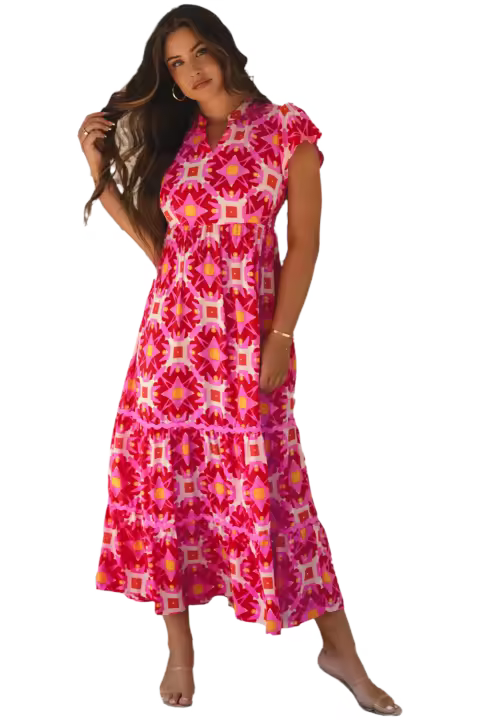 Elrachen Vestido largo de mujer con cuello en V y estampado geométrico, rosa fresa, tallas S-XL - 1