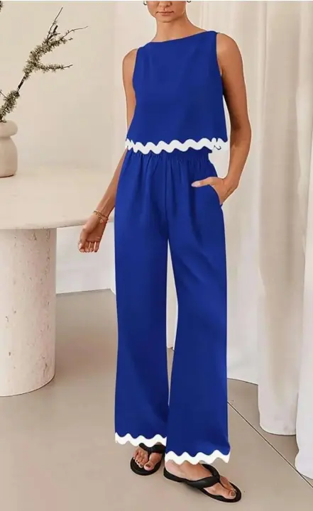 Conjunto de Pantalones de Moda de Cintura Alta y Piernas Anchos Camiseta Corta sin Mangas - 1