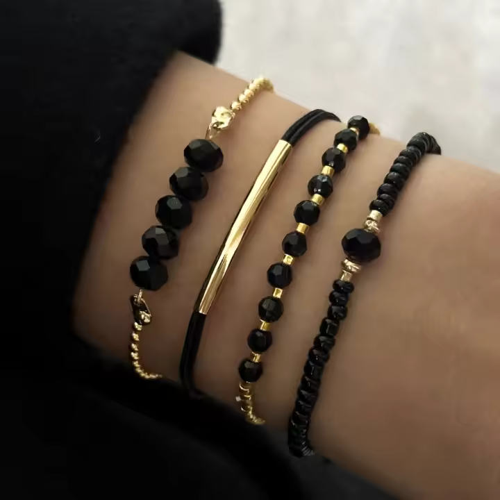 4 unids/set pulseras de piedra de cristal negro de moda para mujer accesorios de joyería hechos a mano Boho - 1