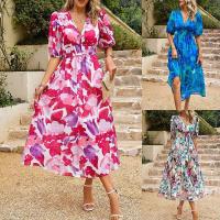 Vestido estampado de gasa con cuello en V ceñido a la cintura con temperamento de manga corta de verano 2025 para mujer - details 0