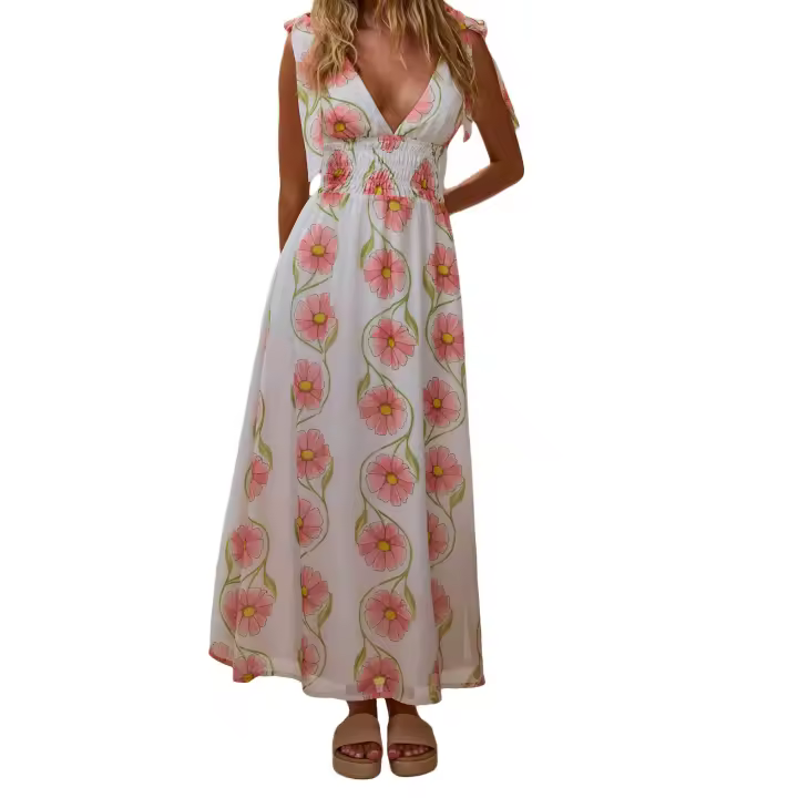 Vestido largo de mujer sin mangas, corte en A, cuello en V profundo, hombros descubiertos ahumados, cintura de flores - 1