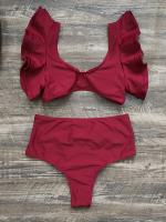 Conjunto de bikini con escote en V y volantes, traje de baño de dos piezas con cintura alta y corte alto en color sólido - details 4