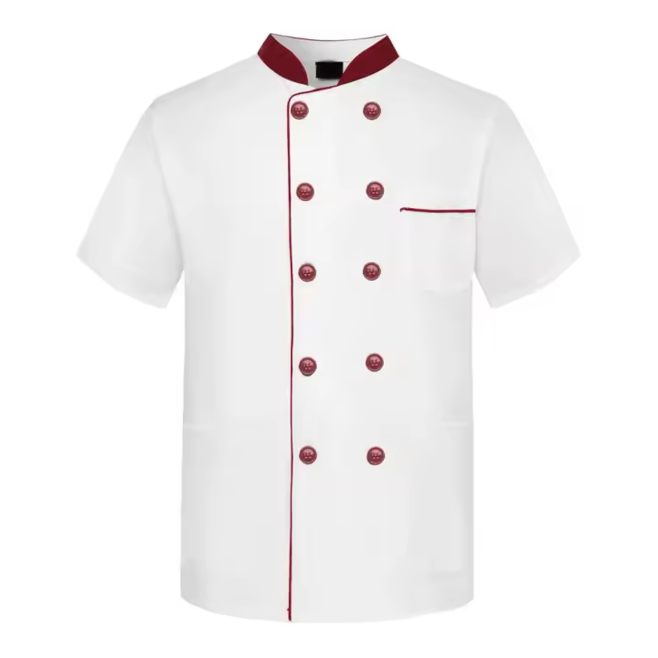 Uniforme de Chef Unisex con cuello levantado, línea decorativa de manga corta, bolsillo tipo parche con doble botonadura, Tops de uniforme de camarero de panadería para restaurante - 1