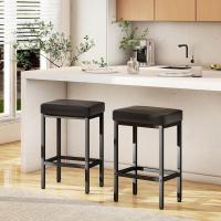 Taburetes Altos de Cocina, Taburete Cocina de 66 cm, Taburete Alto de Cuero de Pu Negro, Taburetes de Cocina con Cojín de 6 cm de Grosor y Base de Metal, Taburetes Altos para Mostrador Cocina, HBS513B - details 1