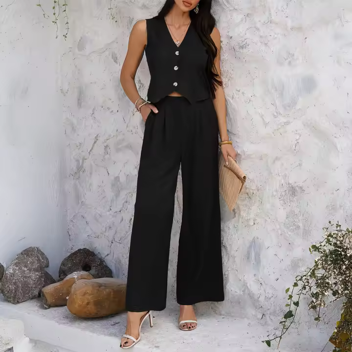 2025 primavera y verano, ocio europeo y americano, estilo de vacaciones, chaleco de color sólido, conjunto de pantalones de pierna ancha - 1