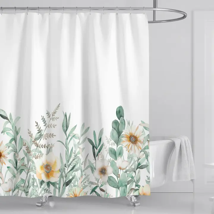 Cortina de ducha con decoración floral para baño, hojas de acuarela en la parte superior de la planta, 180x180CM con ganchos - 1