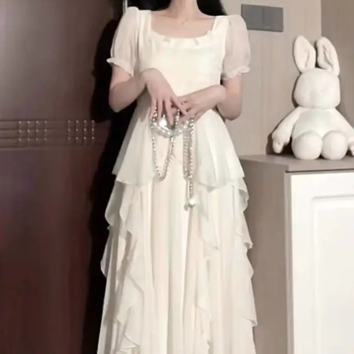 Vestido de gasa blanco a la moda para mujer, vestido de hadas con volantes de cintura alta, vestido de hadas con mangas abullonadas y borlas, vestido de fiesta de malla - 1