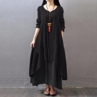 Anself primavera moda mujer Casual vestido suelto Color sólido manga larga vestidos de mujer de gran tamaño talla grande Boho largo Maxi vestido - details 10