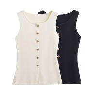 - Blusa de punto sin mangas con cuello redondo para mujer a la moda con una hilera de botones, chaleco básico para mujer, camisas, blusas, - details 0
