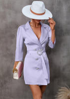 Vestido de traje informal para mujer, Chaqueta de manga tres cuartos, cuello en V, botones, morado S - details 2