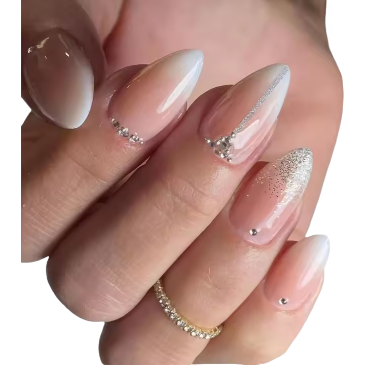 Uñas Postizas en Forma de Almendra Diseño de Diamantes de Imitación Brillantes y Uñas Postizas Francesas con Graduado Rosa Mediano - 1