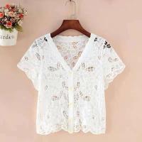 Tops Y2k de moda coreana de punto Ence para mujer, cárdigan de manga corta con cuello en V, chaqueta hueca, novedad de verano - details 0