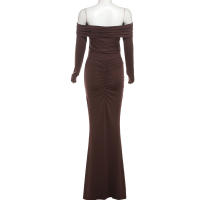 BUNO-Vestido de fiesta elegante con hebilla de Metal fruncido de cinta cuello de barra de manga completa ajustado fiesta de cumpleaños ajustado largo - details 20