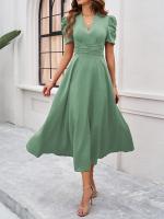 Vestido Largo de Verano 2025 - Elegante Vestido Tea con Escote en V y Manga Mariposa, Talle Alto Ajustable, Tejido Ligero para Vacaciones y Playa, Moda Femenina Miravia - details 1