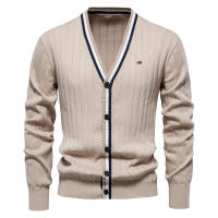 Suéter de manga larga con cuello en V para hombre, chaqueta de punto acanalada de color en contraste de moda - details 8