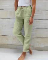 Pantalones De Verano Para Mujer Algodón Y Lino Cintura Alta Ajustables Casuales Streetwear Solido Pantalones Lánguidos Sueltos - details 5