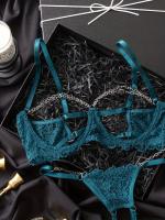 Conjunto de lencería de encaje floral erótico, sujetador abierto transparente y tanga con cadena, lencería sexy y ropa interior - details 2