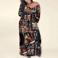 Vestidos largos de punto con bolsillo y manga larga con cuello en V y estampado africano marrón informal diario de talla grande para primavera y verano - details 0