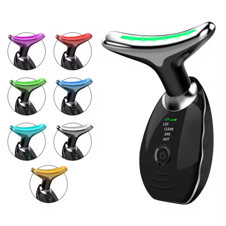 Masajeador facial eléctrico, dispositivo facial antiarrugas de 7 colores con 3 modos de masaje, masajeador facial de cuello con vibración para reafirmar y suavizar la piel - 1