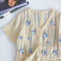 Top con botones de ganchillo con bordado floral, cárdigan corto de punto con mangas transparentes para mujer, tres Vintage Teengirl Fairycore - details 5