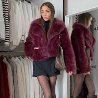 Abrigo Retro Borgoña con cuello abatible y mangas largas, abrigo corto y cálido, chaqueta holgada de piel sintética de Color sólido, abrigos de calle altos para mujer - details 13