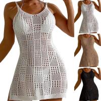 Vestido corto de moda Border Vacation para mujer, cuello redondo, textura cuadrada, hueco, transparente, tirantes finos, Sexy - details 5
