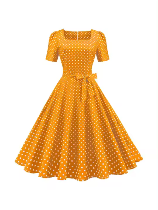 Vestido de pendiente de cintura con estampado de lunares, manga corta, cuello cuadrado y temperamento para mujer. - 1