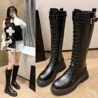 Botas de combate con plataforma alta para mujer, zapatos de cuero negro con cordones hasta la rodilla - details 5