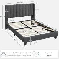 Cama Doble Tapizada 140 x 200cm Estructura de Madera y Metal Moderno Ideal para Adultos 2 Personas - details 41