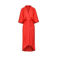Vestido Midi plisado de manga acampanada para mujer, elegante, liso, con cuello en V, cintura alta, ajustado - details 0