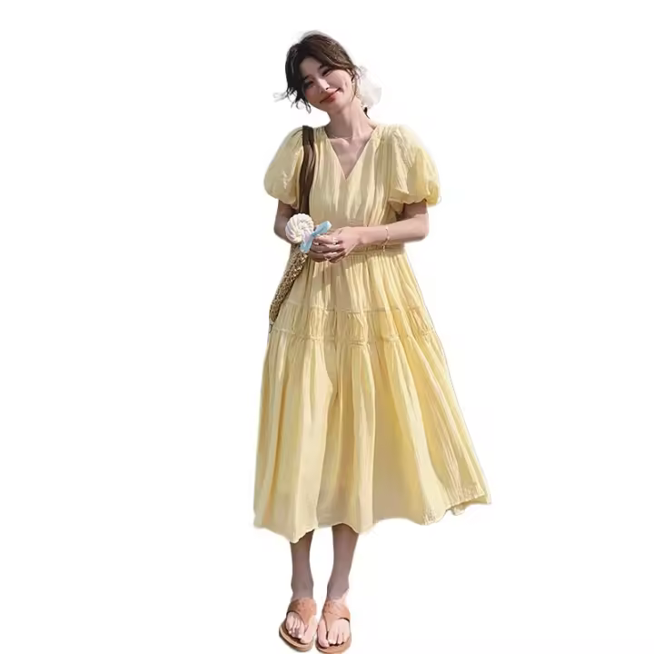 Vestido Tencel de Verano Estilo Francés con Mangas de Burbuja Vestido Largo con Cuello en V para Mujeres - 1