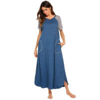 Camisón de algodón elástico de manga corta y largo con bloques de color y bolsillo para mujer, ropa de estar y pijama para primavera/verano - details 19