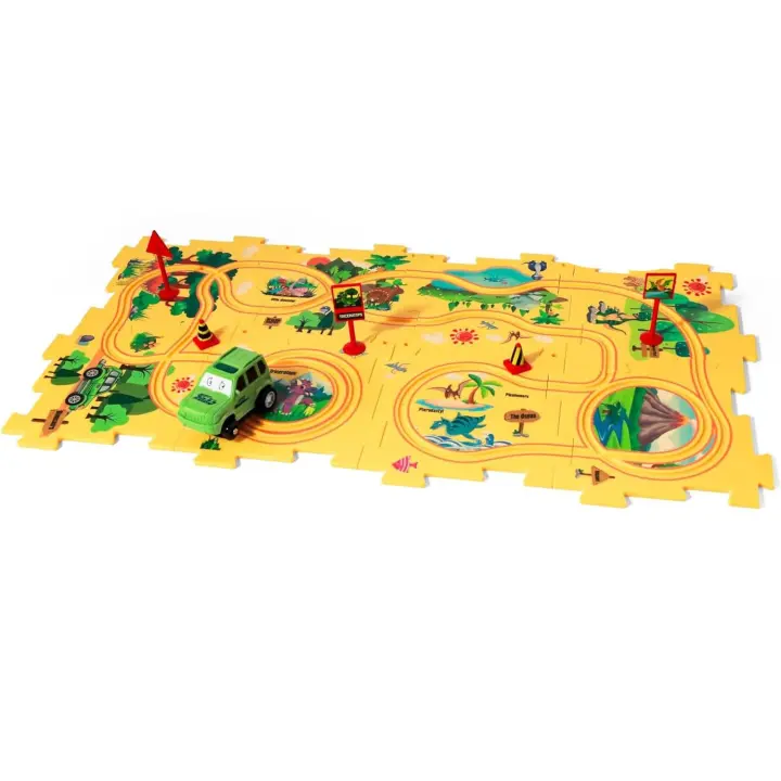15pcsDinosaur Puzzle Track Car Play Set, Plastic Puzzles for Kids Ages 3-5 with Vehicles, Railcar Puzzle, Car Tracks for Toddler - 1