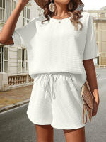 Traje de verano de dos piezas para mujer, conjuntos informales de Jersey, Tops y pantalones cortos, Blanco S - details 3
