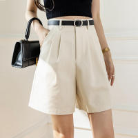 Verano beige para mujer, cintura alta y piernas anchas, tela informal, bermudas de terciopelo con puños hasta la rodilla - details 2