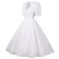 Elegante vestido de fiesta largo de gasa con cuello en V, mangas cortas tipo farol y color sólido para mujer, verano. - details 4