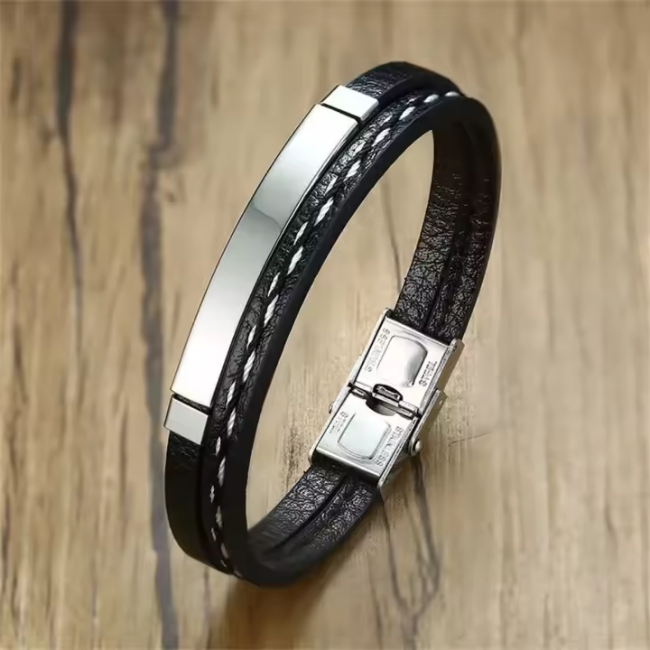 Pulsera tejida de cuero para hombre 2025, pulsera de acero inoxidable de moda con contraste de color informal, regalo del Día de la madre - 1