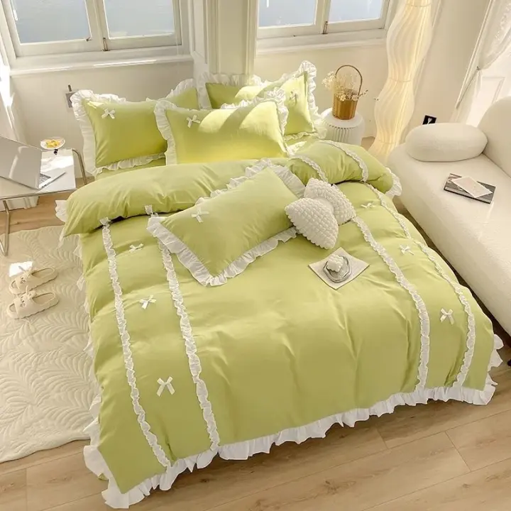 Tiendas Juegos de cama de estilo princesa coreano, funda nórdica con lazo de encaje Ins, Sábana ajustable para niña y mujer, ropa de cama Kawaii para dormitorio en casa - 1